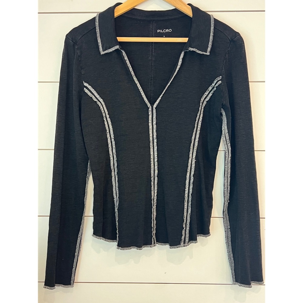 Pilcro Black Exposed Seam Long Sleeve V-Neck Top y2k Large